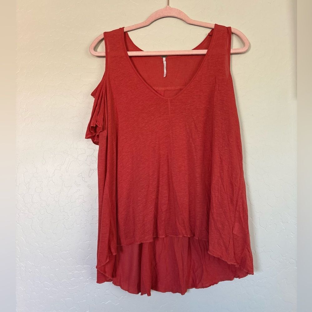 Free People Orange Linen Blend Cold Shoulder V-Neck T-Shirt Extra Small